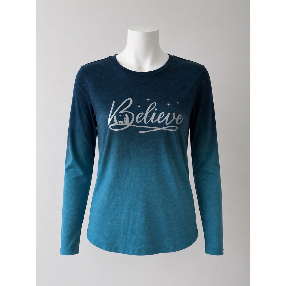 CATO NWT Women's Teal Ombre "Believe" Graphic Long Sleeve Crew Neck Top Medium